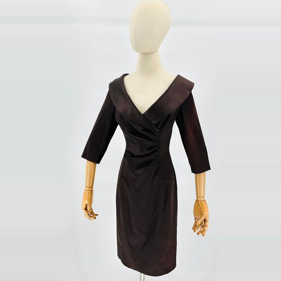 Vintage 90s Kay Unger Chocolate Brown Satin Portrait Collar Cocktail Dress - Picture 1 of 6